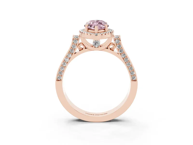 Fancy Pink Marquise Cut Diamond Halo Ring Set in Rose gold with Pavé-Lined Split Shank Band