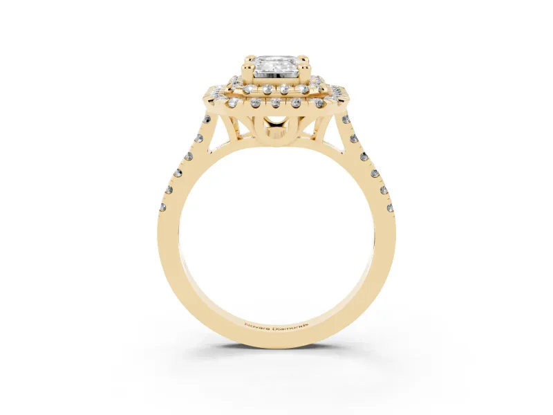 Emerald Cut Double Halo Engagement Ring Setting | Pave Shoulders | Yellow Gold