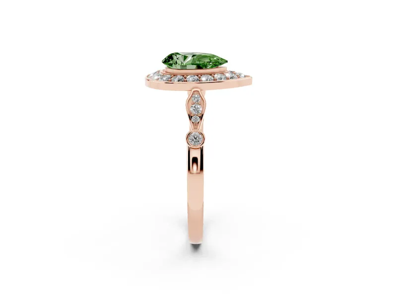 Fancy Green Pear Cut Diamond Halo Engagement Ring Set in Rose gold with Twisted Band and Prong Setting