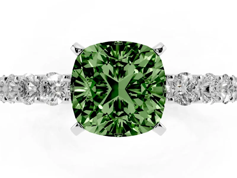 Cushion Cut Shared Prong Engagement Ring Setting for a Fancy Green Lab-Grown Diamond | Platinum