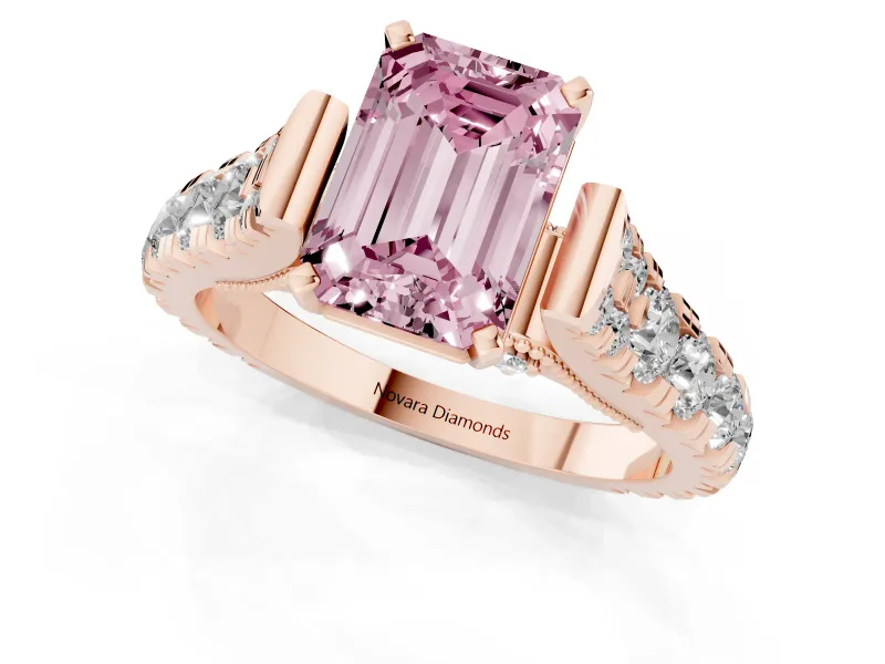 Emerald Cut Graduated Cathedral Engagement Ring Setting for a Fancy Pink Lab-Grown Diamond | Side Stones | Rose Gold