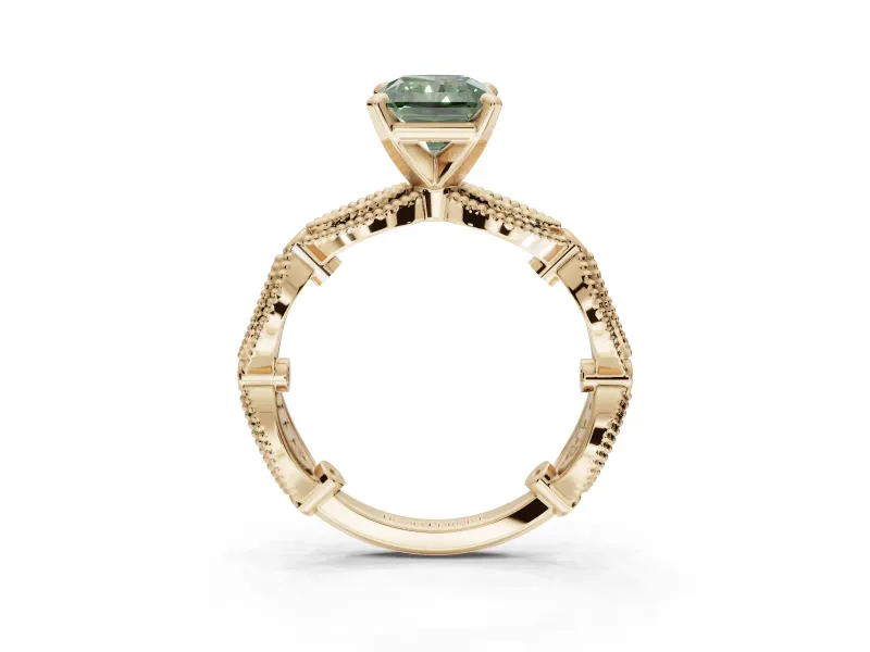 Radiant Cut Vintage Engagement Ring Setting for a Fancy Green Lab-Grown Diamond | Graduated Stations | Yellow Gold
