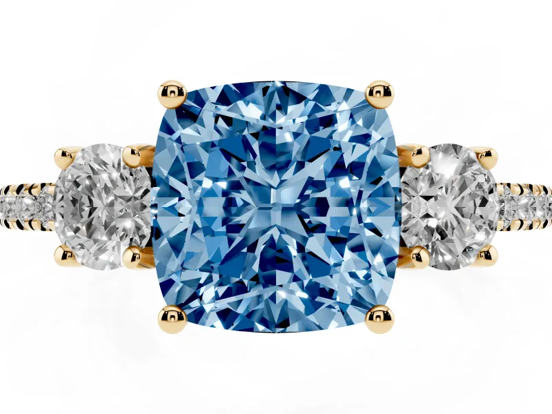 Cushion Cut Three Stone Engagement Ring Setting for a Fancy Blue Lab-Grown Diamond | Pave Shoulders | Yellow Gold