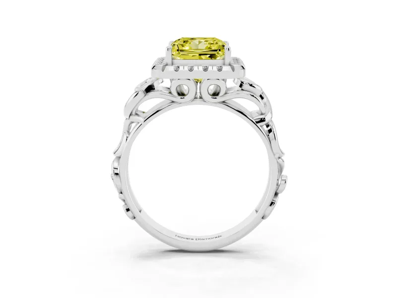 Fancy Yellow Princess Cut Diamond Halo Ring Set in White gold with Scrollwork Band and Prong Setting