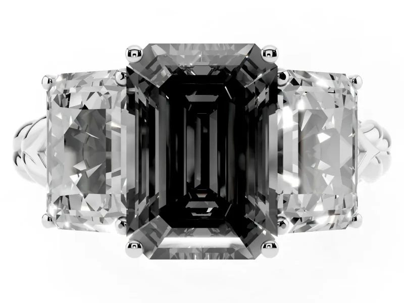 Fancy Black Emerald Cut Diamond Three-Stone Ring Set in Silver with Braided Band