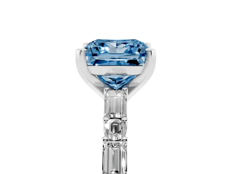 Fancy Blue Princess Cut Diamond Solitaire Set in Platinum with Side Baguettes and Channel Set Band