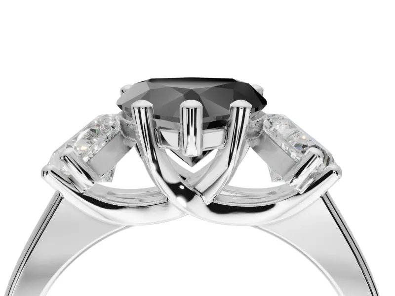 Heart-Shaped Three Stone Engagement Ring Setting for a Black Center | Tapered Band | White Gold