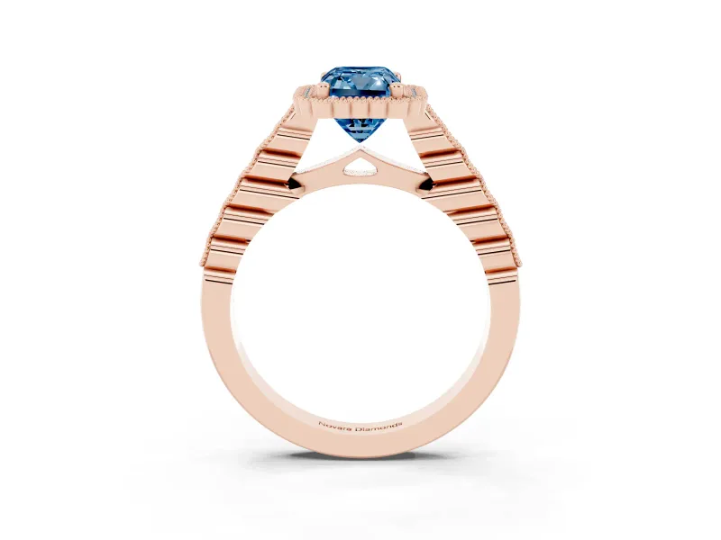 Radiant Cut Milgrain Halo Engagement Ring Setting for a Fancy Blue Lab-Grown Diamond | Beaded Shoulders | Rose Gold
