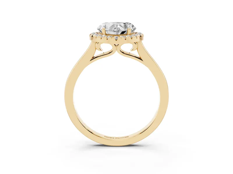 Heart Cut Halo Round Diamond Solitaire Ring Set in Yellow gold with Pavé Band and Prong Setting