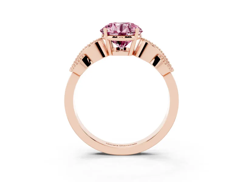 Fancy Pink Round Cut Diamond Milgrain Leaf Band Solitaire Ring Set in Rose gold with Accent Stones and Prong Setting