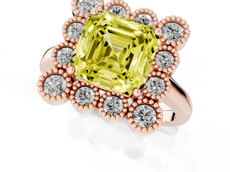 Asscher Cut Milgrain Cluster Halo Engagement Ring Setting for a Fancy Yellow Lab-Grown Diamond | Plain Band | Rose Gold