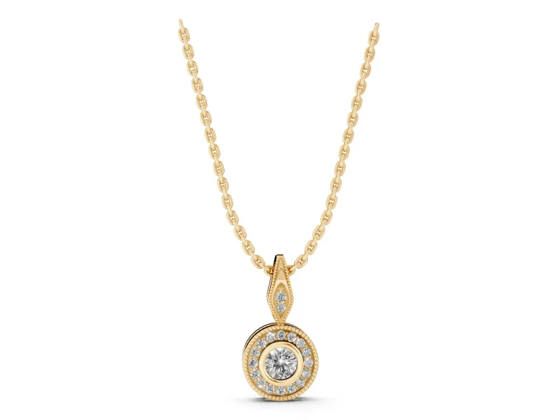 Round Lab-Grown Diamond Vintage Halo Pendant Necklace | Bezel and Milgrain | Yellow Gold
