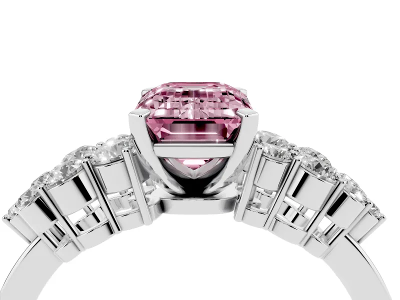 Fancy Pink Emerald Cut Diamond Cluster Engagement Ring Set in Silver with Pavé Band and Prong Setting