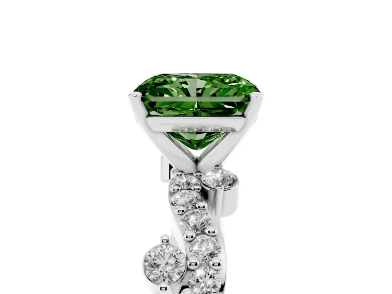 Radiant Cut Twisted Pavé Solitaire Engagement Ring Setting for a Fancy Green Lab-Grown Diamond | Bar Stations | Platinum
