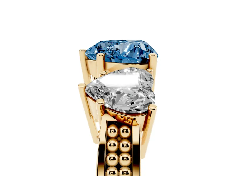 Heart-Shaped Three Stone Engagement Ring Setting for a Fancy Blue Lab-Grown Diamond | Beaded Shoulders | Yellow Gold