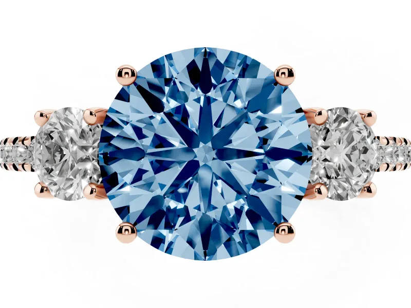 Round Three Stone Engagement Ring Setting for a Fancy Blue Lab-Grown Diamond | Pave Shoulders | Rose Gold