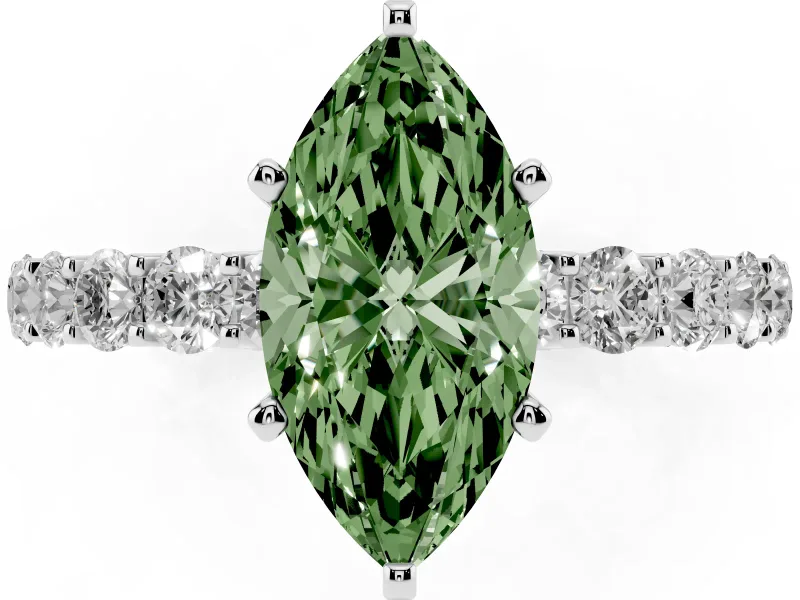 Fancy Green Marquise Cut Diamond Solitaire Ring Set in Silver with Shared Prong Pavé Band