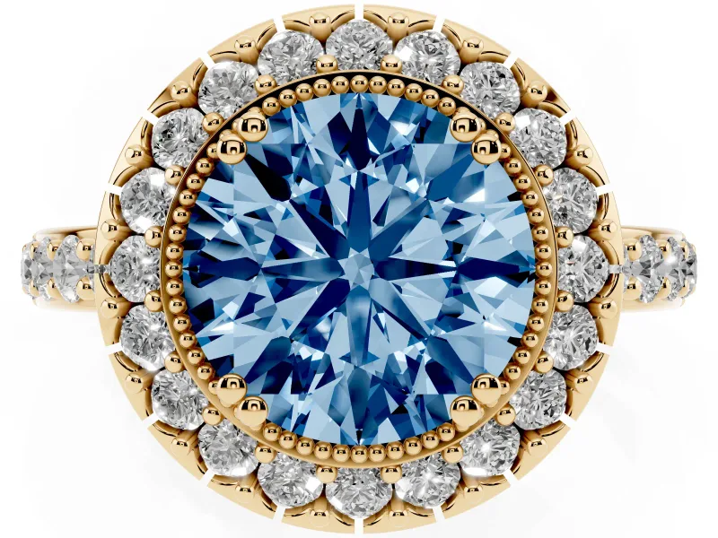 Round Vintage Milgrain Halo Engagement Ring Setting for a Fancy Blue Lab-Grown Diamond | Pierced Gallery | Yellow Gold