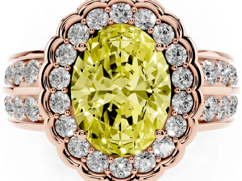 Fancy Yellow Oval Cut Diamond Scalloped Halo Ring Set in Rose gold with Pavé Split Shank