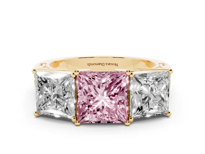 Fancy Pink Princess Cut Diamond Three-Stone Ring Set in Yellow gold with Textured Band
