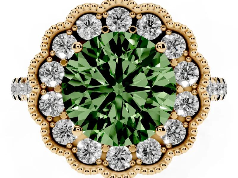 Fancy Green Round Cut Diamond Milgrain Floral Halo Engagement Ring Set in Yellow gold with Pavé Band