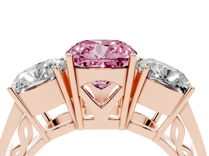 Fancy Pink Cushion Cut Diamond Three-Stone Ring Set in Rose gold with Textured Band