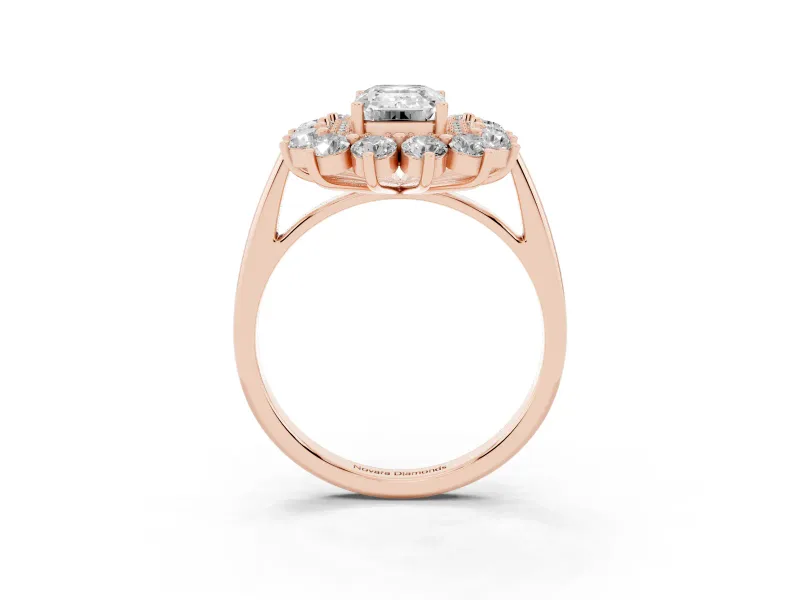Emerald Cut Floral Double Halo Engagement Ring Setting | Plain Band | Rose Gold