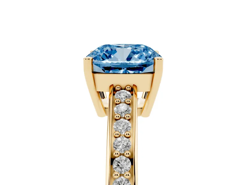 Cushion Cut Pave Solitaire Engagement Ring Setting for a Fancy Blue Lab-Grown Diamond | Accented Basket | Yellow Gold