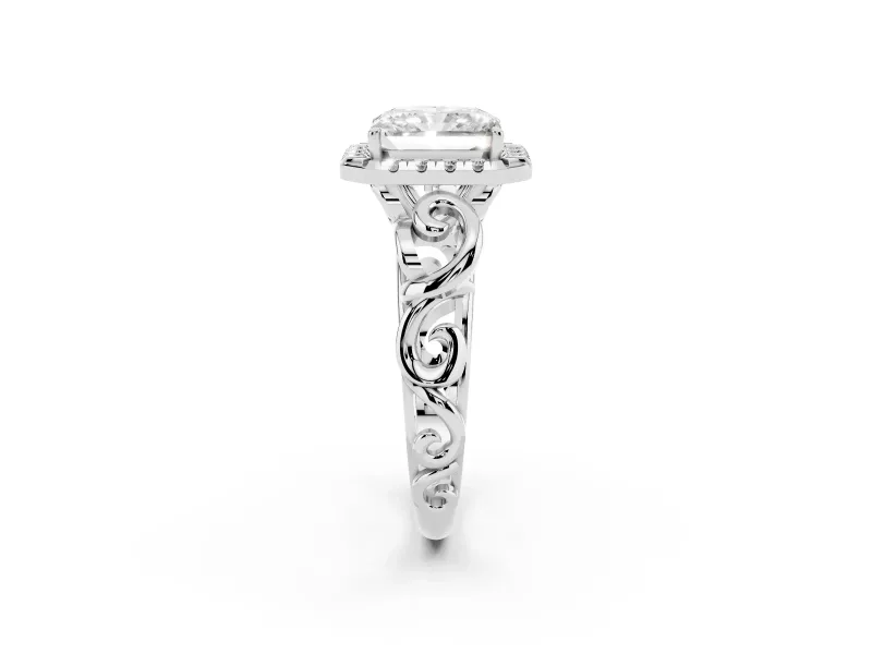 Radiant Cut Diamond Halo Ring Set in Silver with Scrollwork Band and Prong Setting