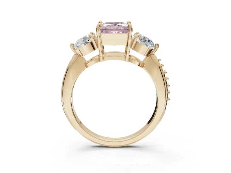 Princess Cut Three Stone Engagement Ring Setting for a Fancy Pink Lab-Grown Diamond | Tapered Pave Band | Yellow Gold