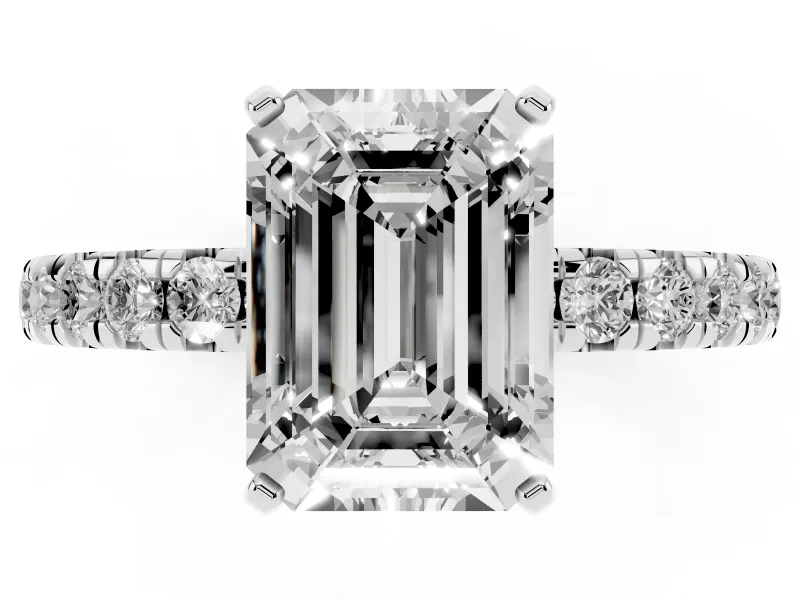 Emerald Cut Pavé Solitaire Engagement Ring Setting | Shared Prong Band | White Gold