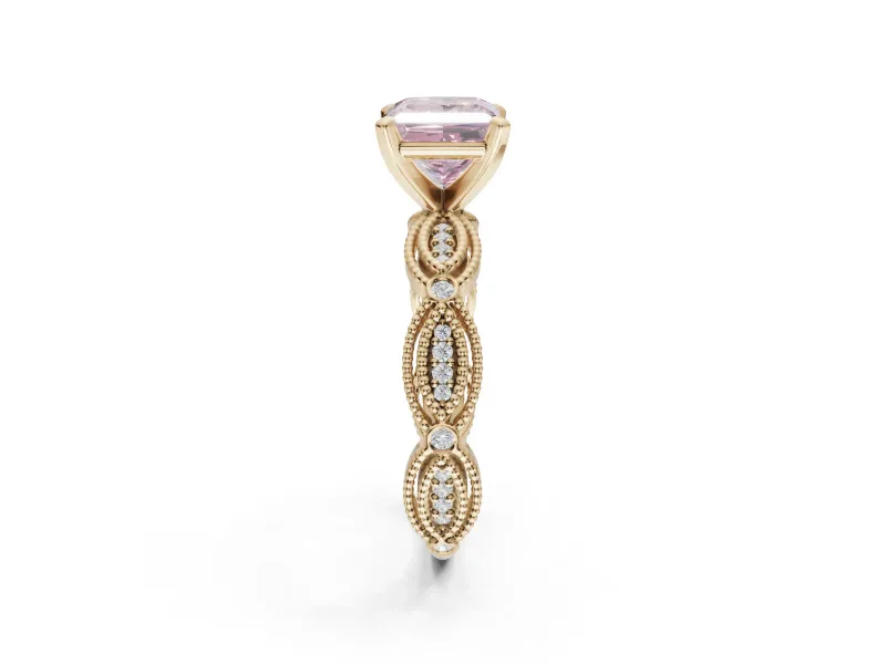 Princess Cut Vintage Engagement Ring Setting for a Fancy Pink Lab-Grown Diamond | Graduated Stations | Yellow Gold