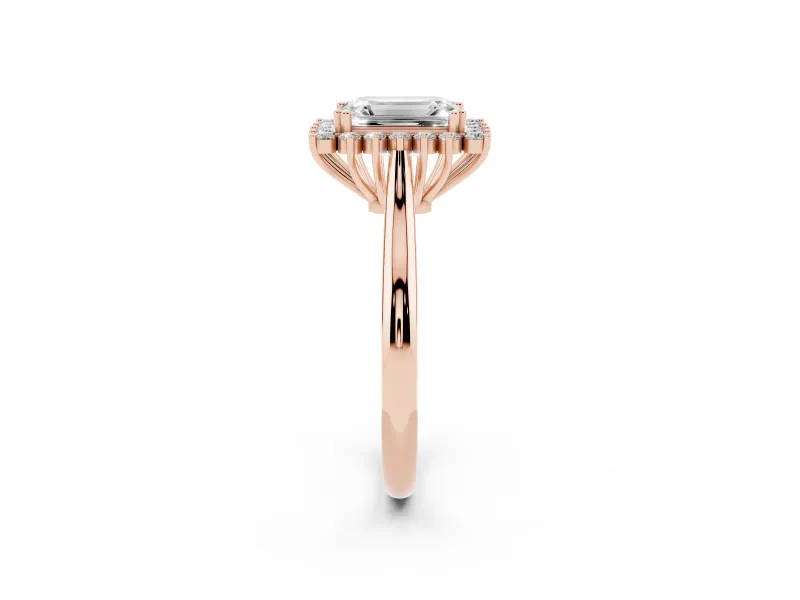 Emerald Cut Diamond Halo Ring Set in Rose gold with Plain Solitaire Band and Prong Setting