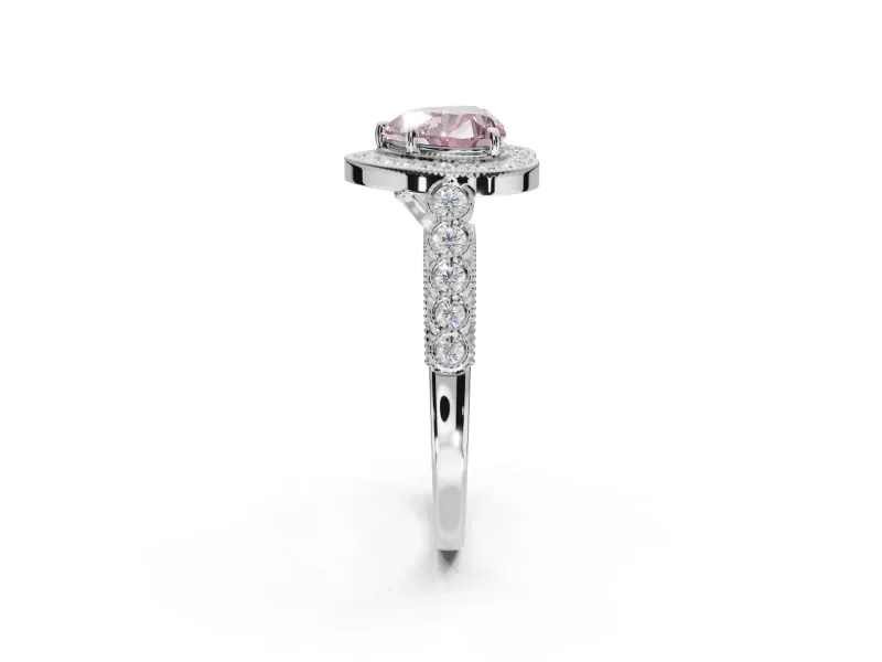 Fancy Pink Heart-Shaped Lab-Grown Diamond Milgrain Halo Solitaire Ring Set in Platinum with Bezel Set Side Stones and Pavé Band