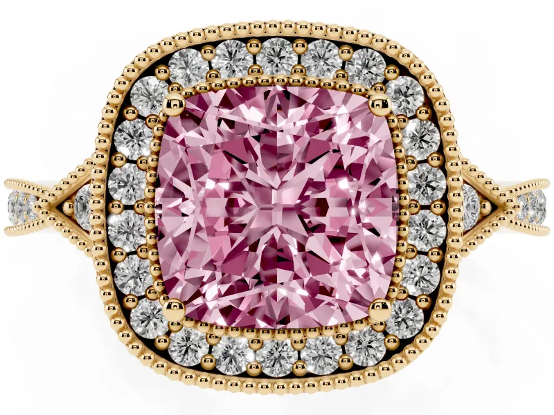 Cushion Cut Milgrain Halo Engagement Ring Setting for a Fancy Pink Lab-Grown Diamond | Graduated Pavé | Yellow Gold