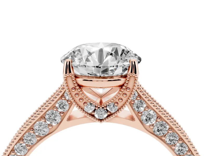 Round Vintage Hidden Halo Engagement Ring Setting | Milgrain Pave Band | Rose Gold