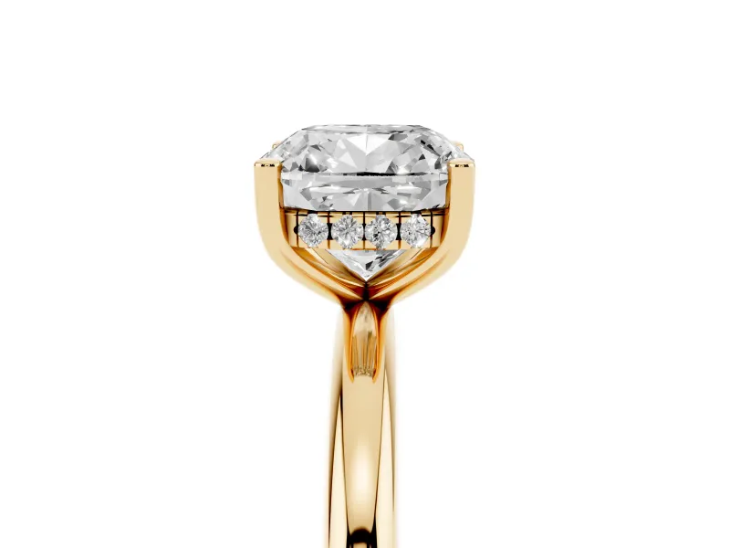 Cushion Cut Micro-Prong Hidden Halo Engagement Ring Setting | Plain Band | Yellow Gold