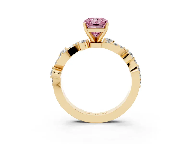 Radiant Cut Twisted Pavé Engagement Ring Setting for a Fancy Pink Lab-Grown Diamond | Bar Stations | Yellow Gold
