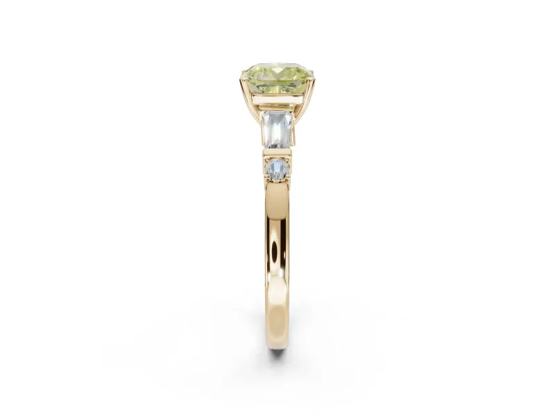 Cushion Cut Tapered Baguette Engagement Ring Setting for a Fancy Yellow Lab-Grown Diamond | Bar Set Sides | Yellow Gold