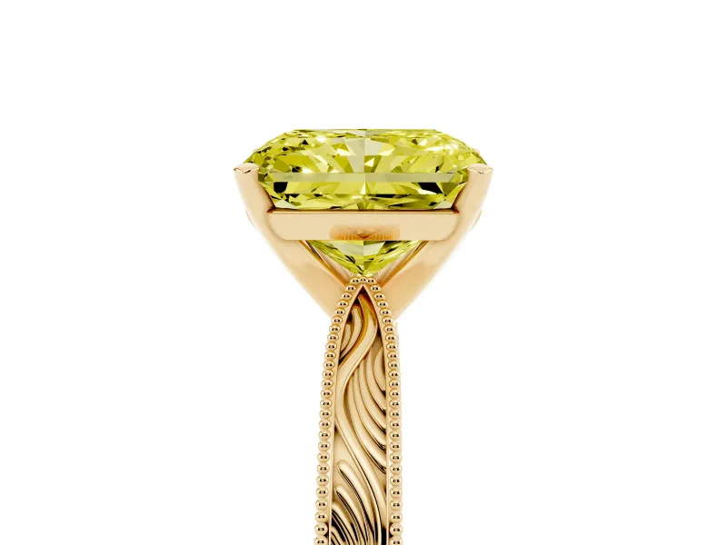 Fancy Yellow Radiant Cut Diamond Solitaire Milgrain Engraved Band Set in Yellow gold with Prong Setting