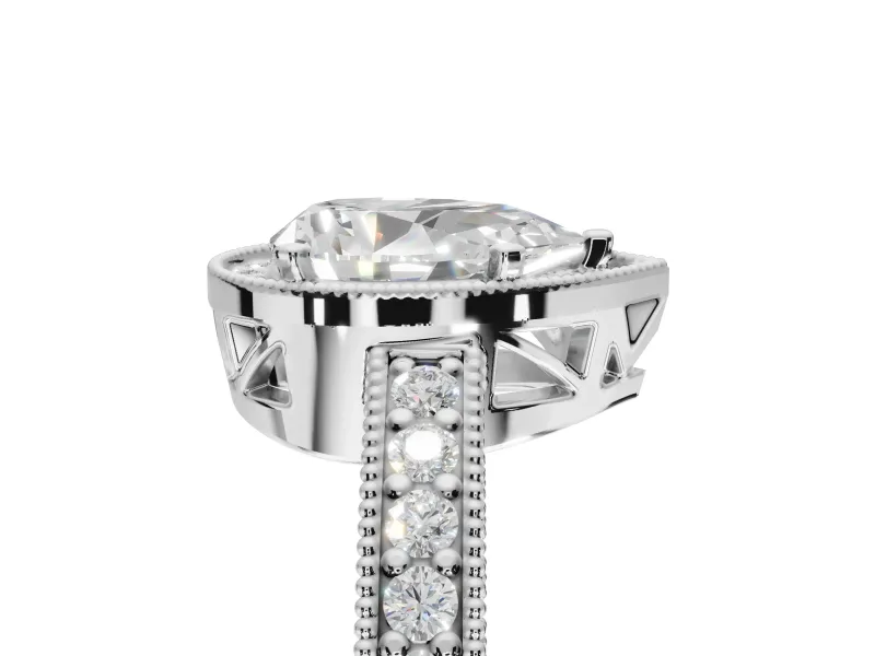 Pear-Shaped Vintage Milgrain Halo Engagement Ring Setting | Wide Pavé Band | Sterling Silver