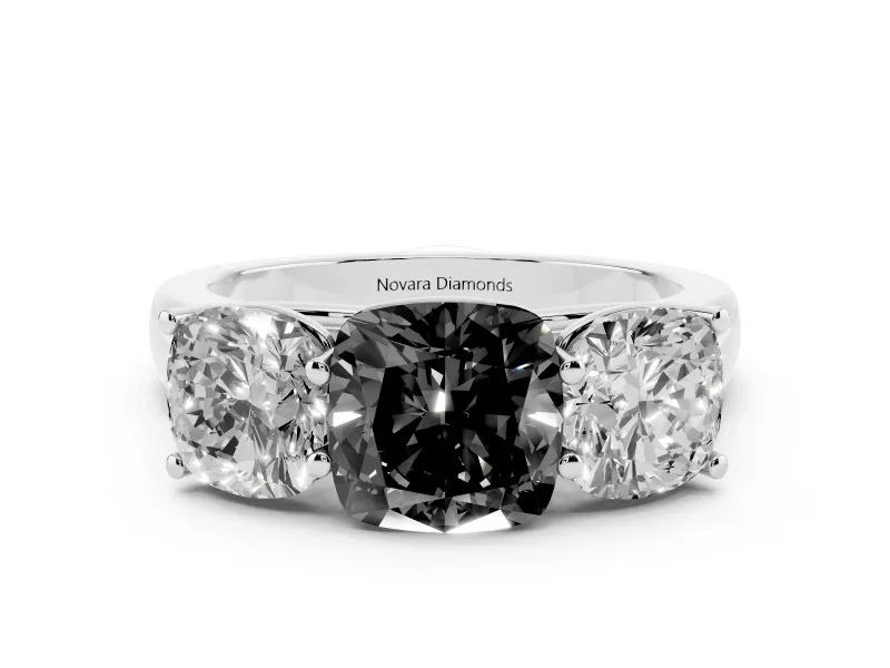 Fancy Black Cushion Cut Diamond Three-Stone Ring Set in White gold with Plain Polished Band