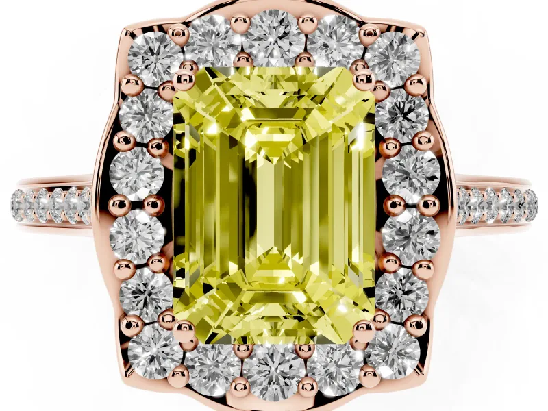 Emerald Cut Petal Tip Halo Engagement Ring Setting for a Fancy Yellow Lab-Grown Diamond | Pavé Band | Rose Gold