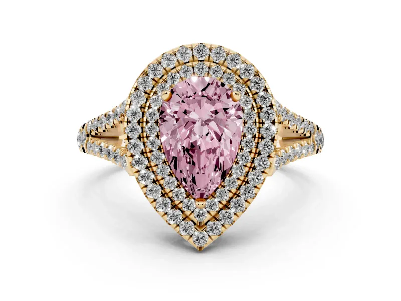 Fancy Pink Pear Cut Diamond Double Halo Ring Set in Yellow gold with Pavé Band