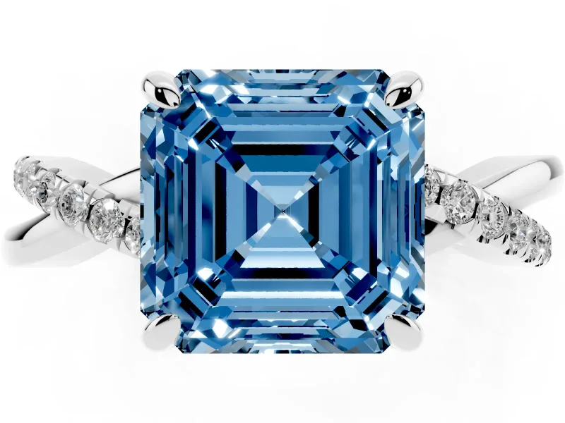 Fancy Blue Asscher Cut Diamond Twist Band Solitaire Set in Platinum with Pavé Accents and Prong Setting