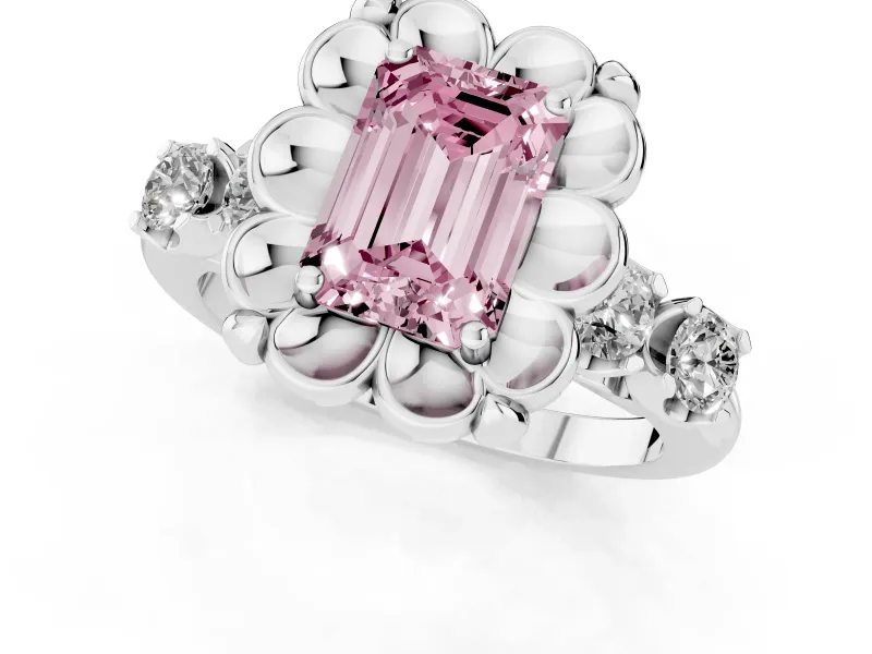 Emerald Cut Floral Engagement Ring Setting for a Fancy Pink Lab-Grown Diamond | Petal Frame and Side Stones | Platinum