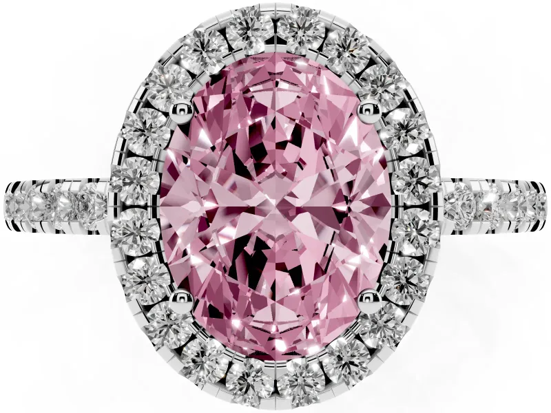 Fancy Pink Oval Cut Diamond Pavé Band Halo Engagement Ring Set in Silver with Prong Setting