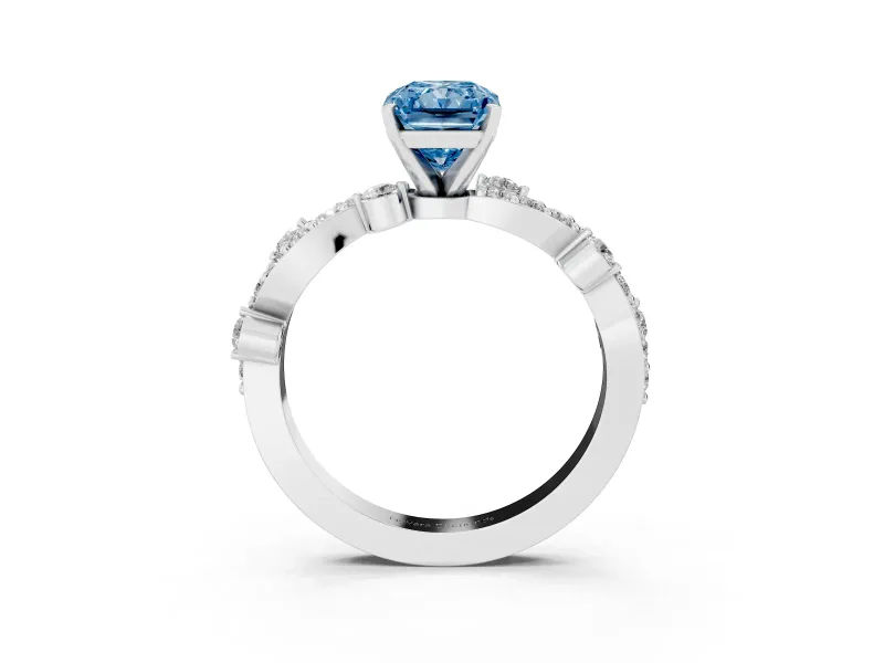 Fancy Blue Radiant Cut Diamond Solitaire Twisted Band Set in Platinum with Pavé Setting