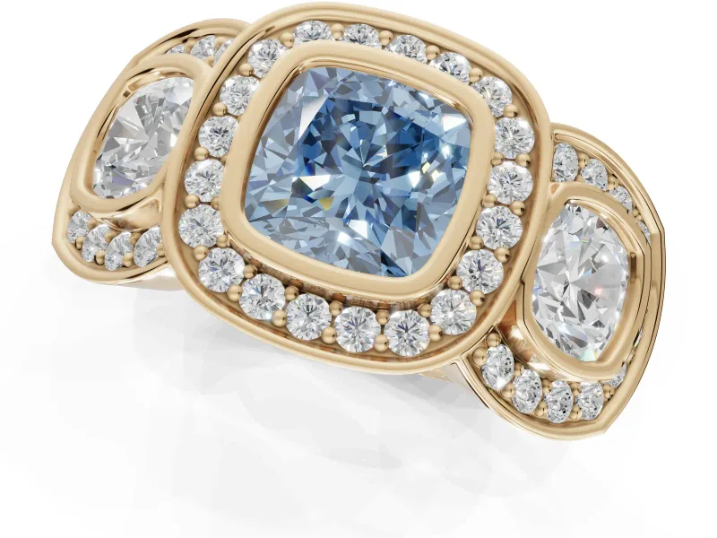 Cushion Cut Three Stone Halo Engagement Ring Setting for a Fancy Blue Lab-Grown Diamond | Bezel Set | Yellow Gold