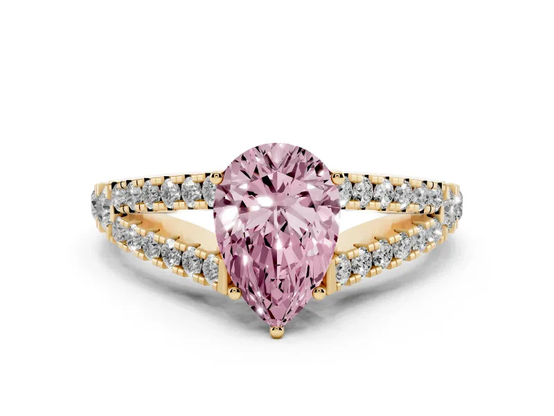 Fancy Pink Pear Cut Diamond Split Shank Pavé Engagement Ring Set in Yellow gold with Prong-Held Center Stone